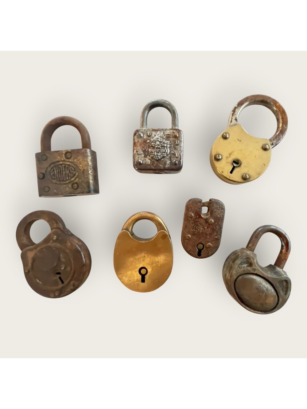 Lot of 7 Vintage Antique Padlocks Master Lock Corbin Brass Iron Keyless Patina